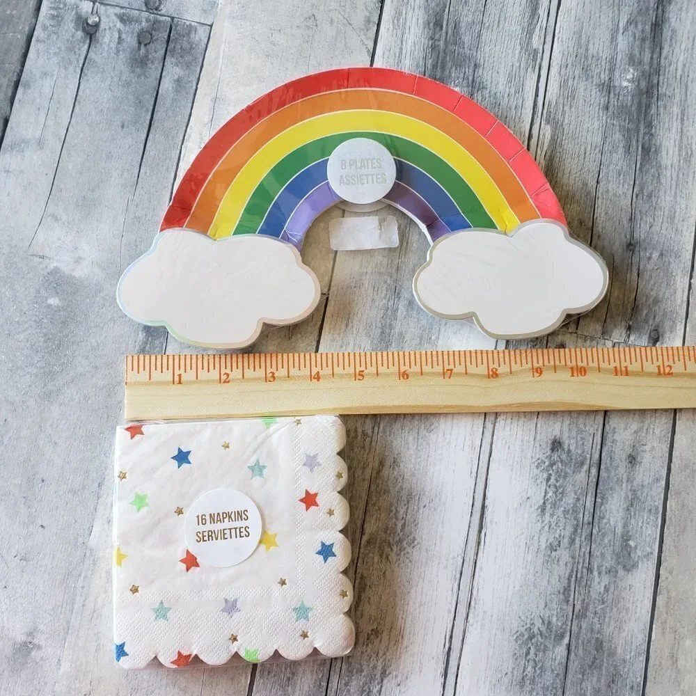 NWT - Meri Meri Rainbow, Star and Cloud Paper Plates (8) and Napkins (16)